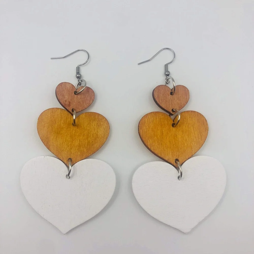 Wooden Heart Drop Earrings Dangle Boho Style NWOT - Picture 2 of 3